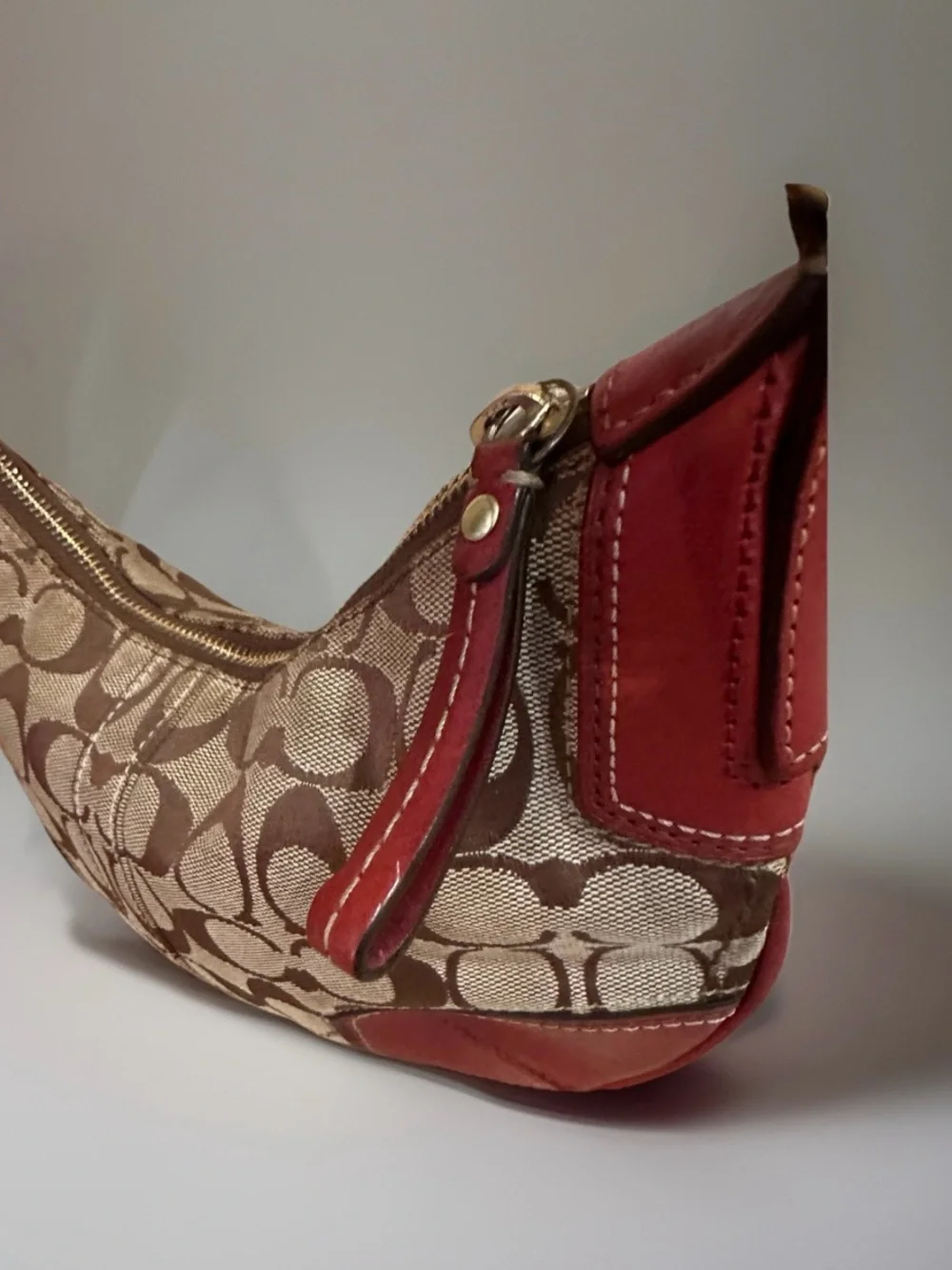 Coach Tan Signature Canvas Hobo with Red Leather Trim Rare Vintage Y2K